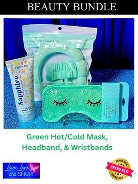 BEAUTY BUNDLE: Green Hot/Cold Mask, Headband, Wristbands, Shea Butter Cream, NIP